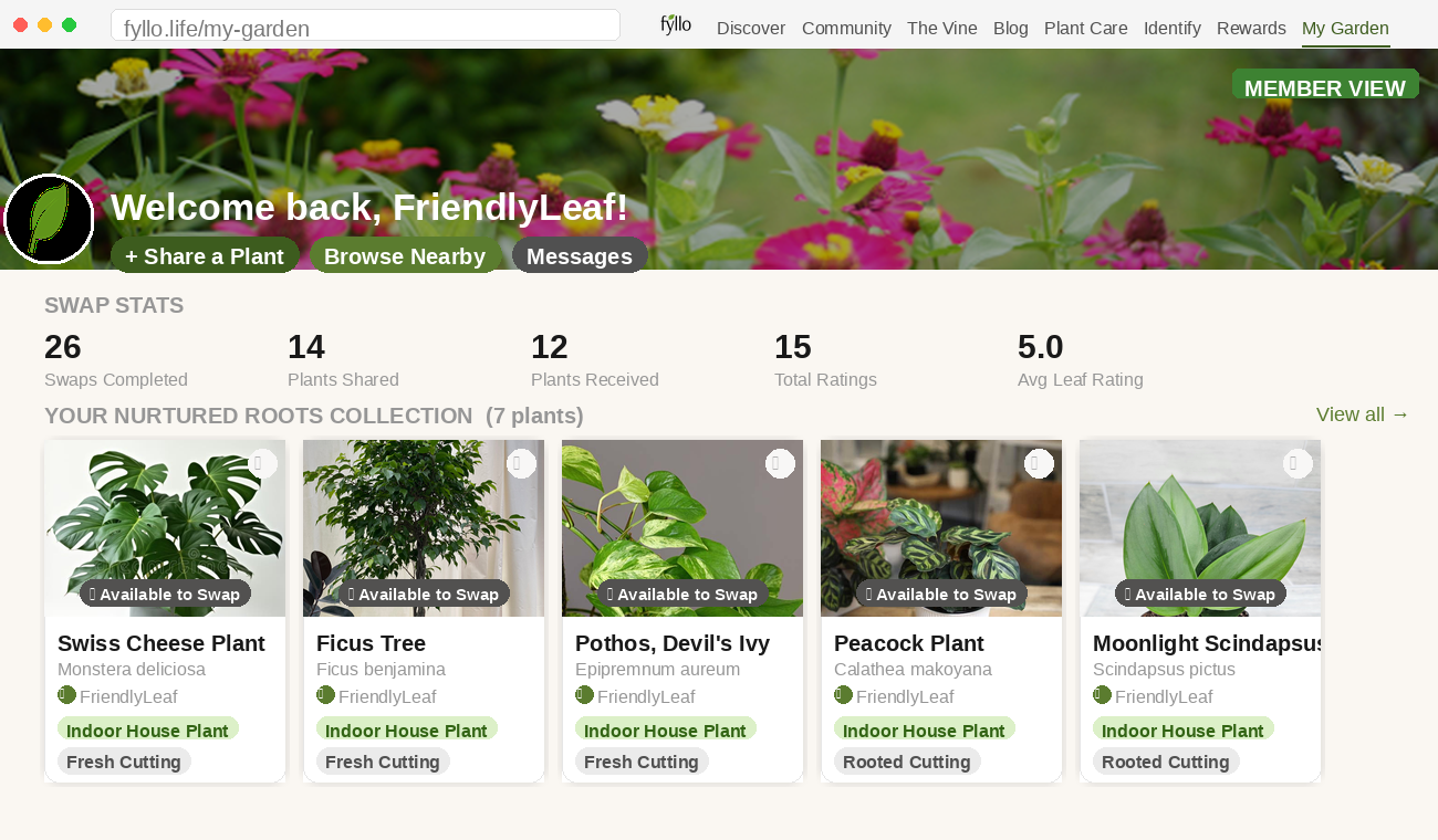 My Garden dashboard preview showing zinnia banner, FriendlyLeaf profile, swap stats and plant collection
