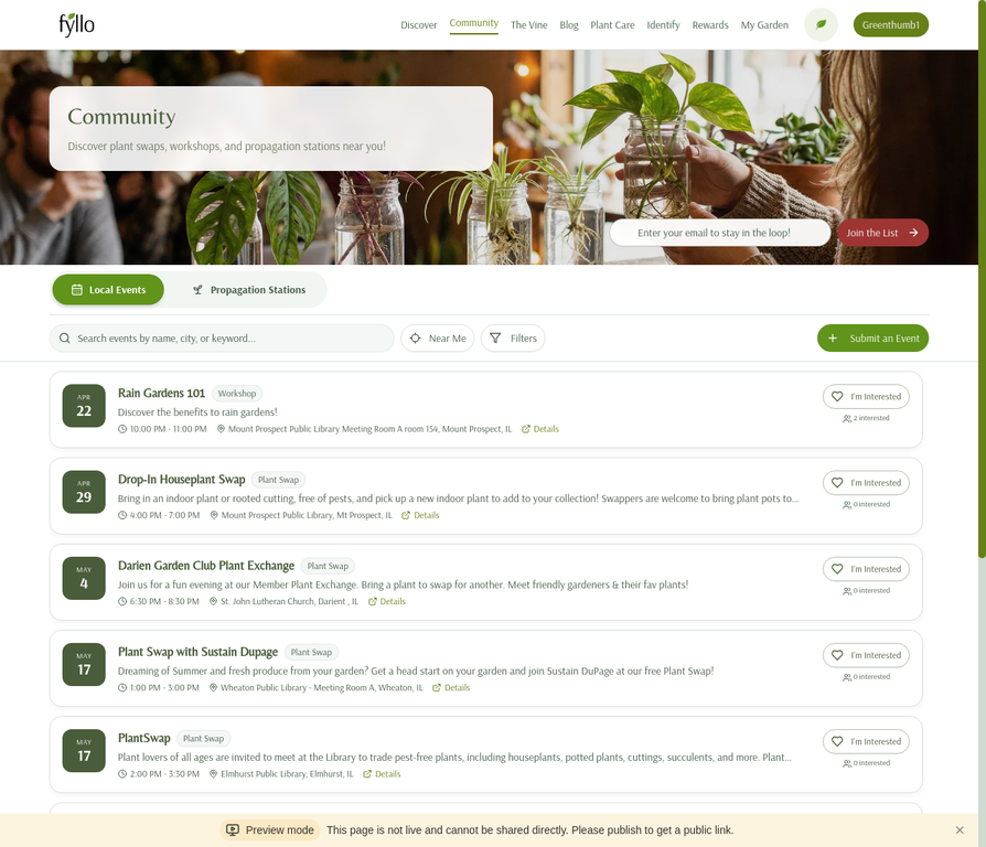 Community page preview showing plant swap events and knowledge exchange