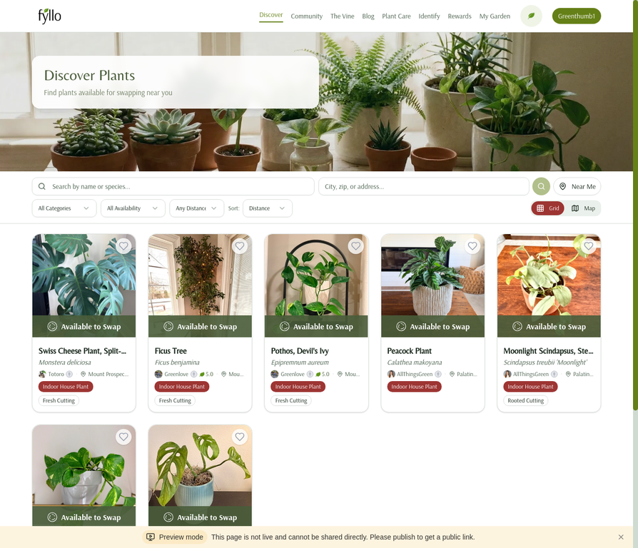 Discover page preview showing nearby plants