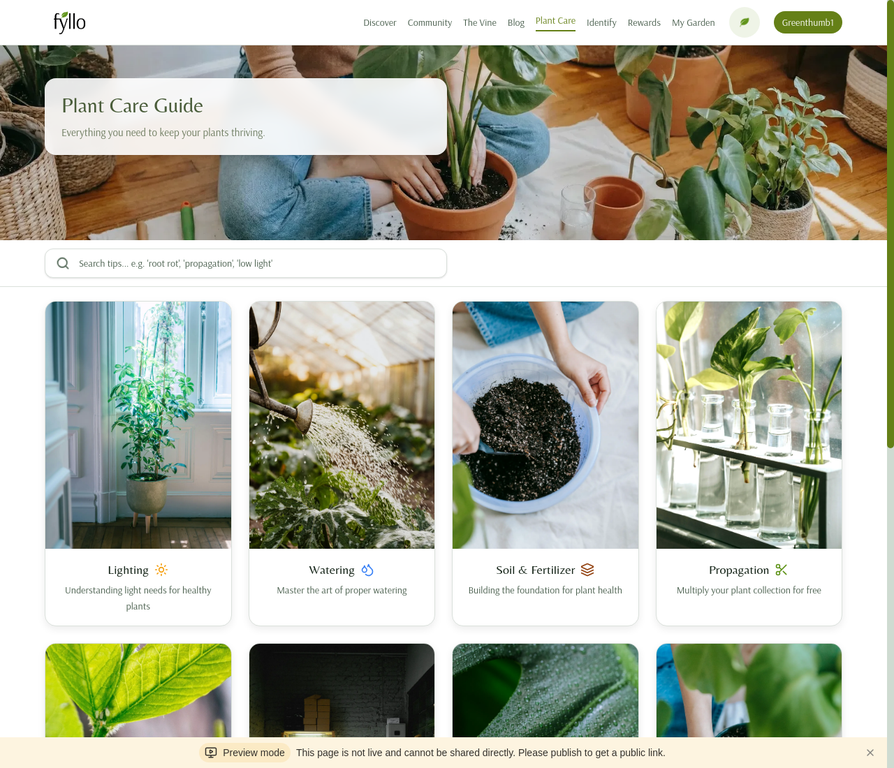 Plant Care page preview showing care guides and categories